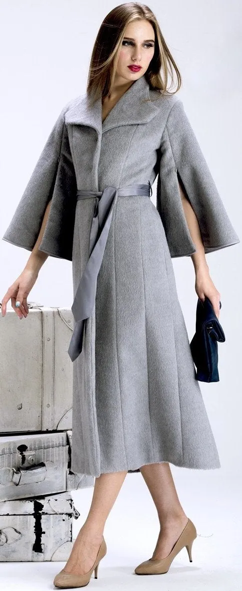 Flared Cape-Sleeve Textured Long Wool Coat in Grey