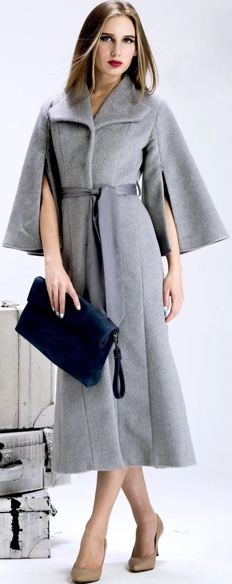 Flared Cape-Sleeve Textured Long Wool Coat in Grey