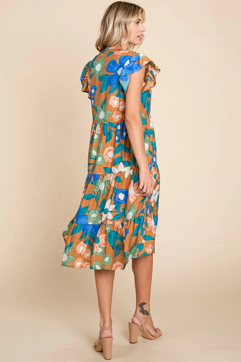 Floral V Neck Ruffle Tiered Midi Cotton Dress, S-3X