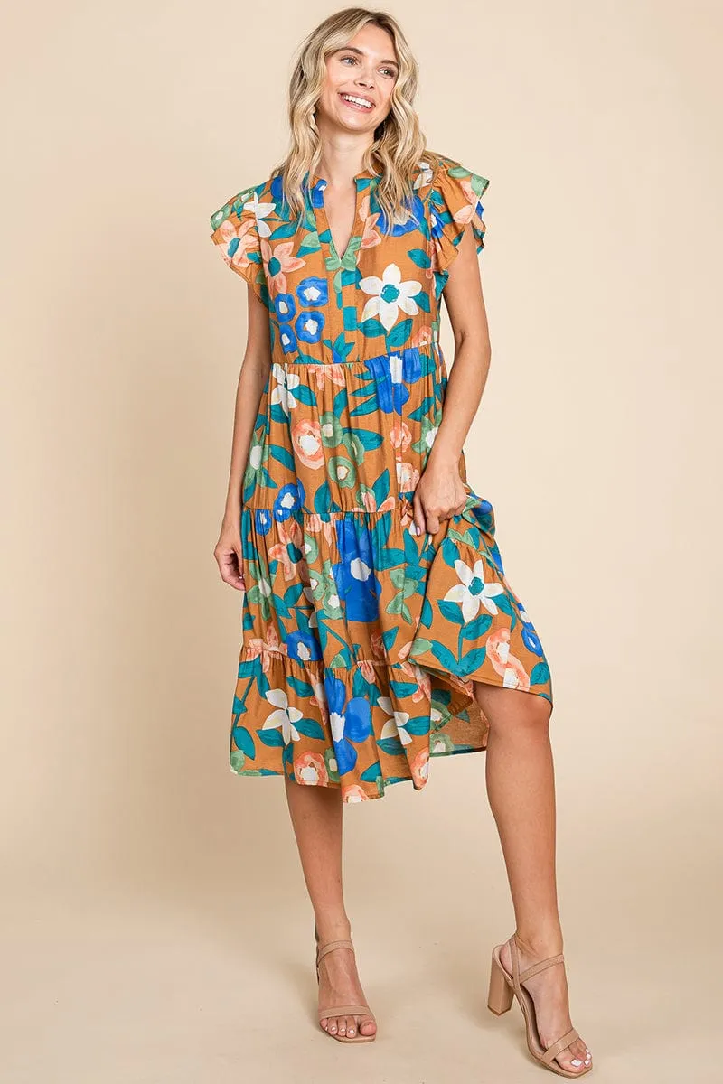 Floral V Neck Ruffle Tiered Midi Cotton Dress, S-3X