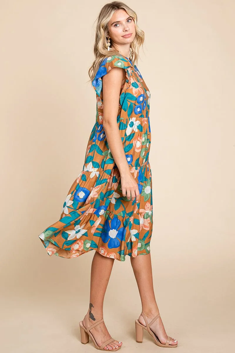 Floral V Neck Ruffle Tiered Midi Cotton Dress, S-3X