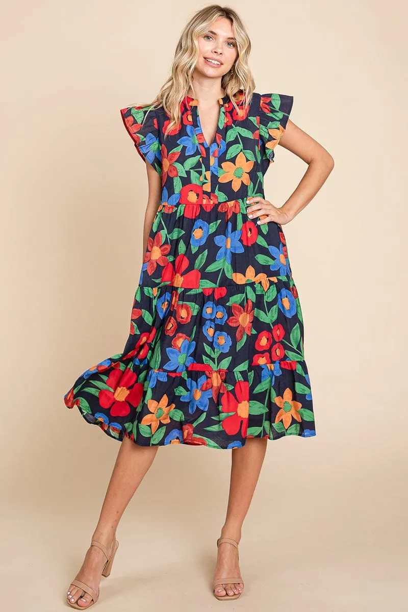 Floral V Neck Ruffle Tiered Midi Cotton Dress, S-3X