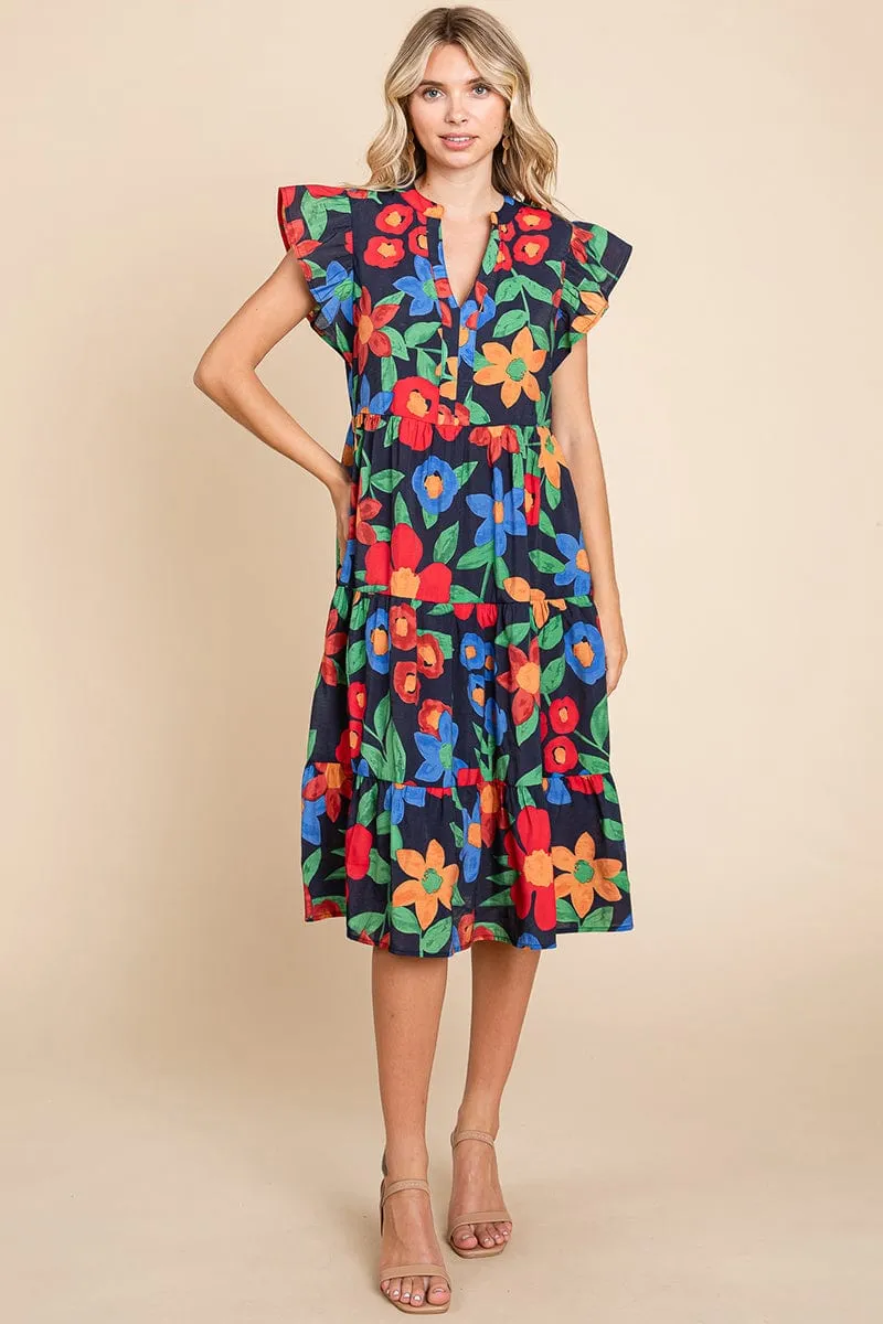 Floral V Neck Ruffle Tiered Midi Cotton Dress, S-3X