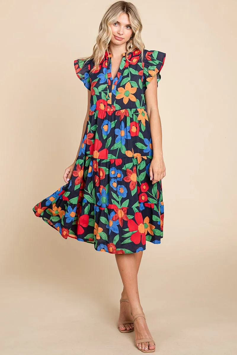 Floral V Neck Ruffle Tiered Midi Cotton Dress, S-3X