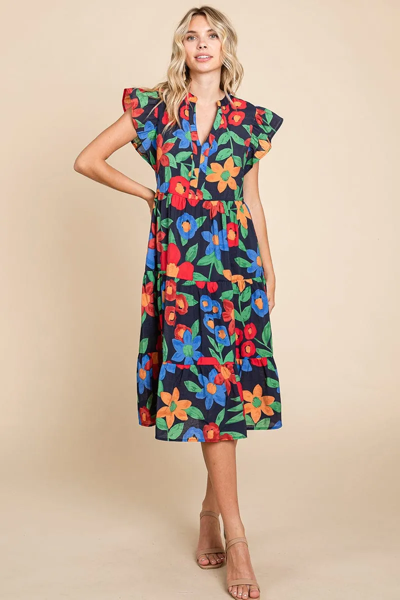 Floral V Neck Ruffle Tiered Midi Cotton Dress, S-3X