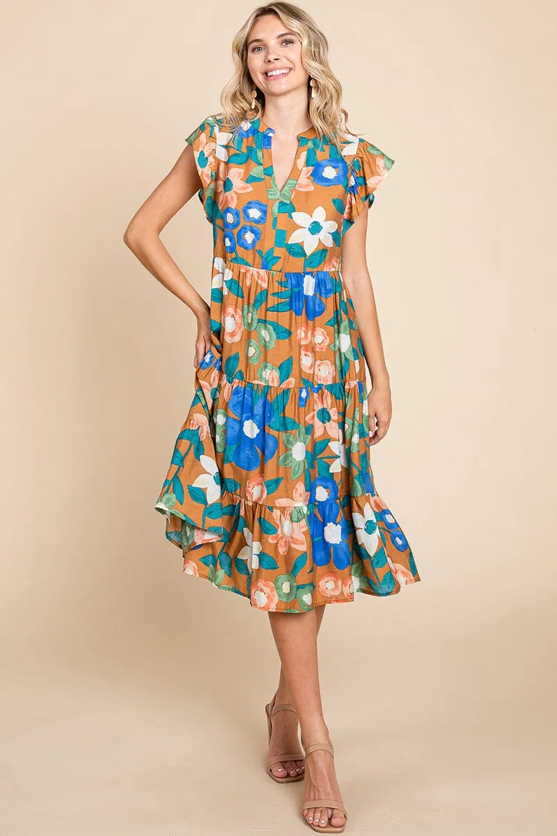 Floral V Neck Ruffle Tiered Midi Cotton Dress, S-3X