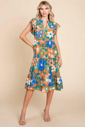 Floral V Neck Ruffle Tiered Midi Cotton Dress, S-3X