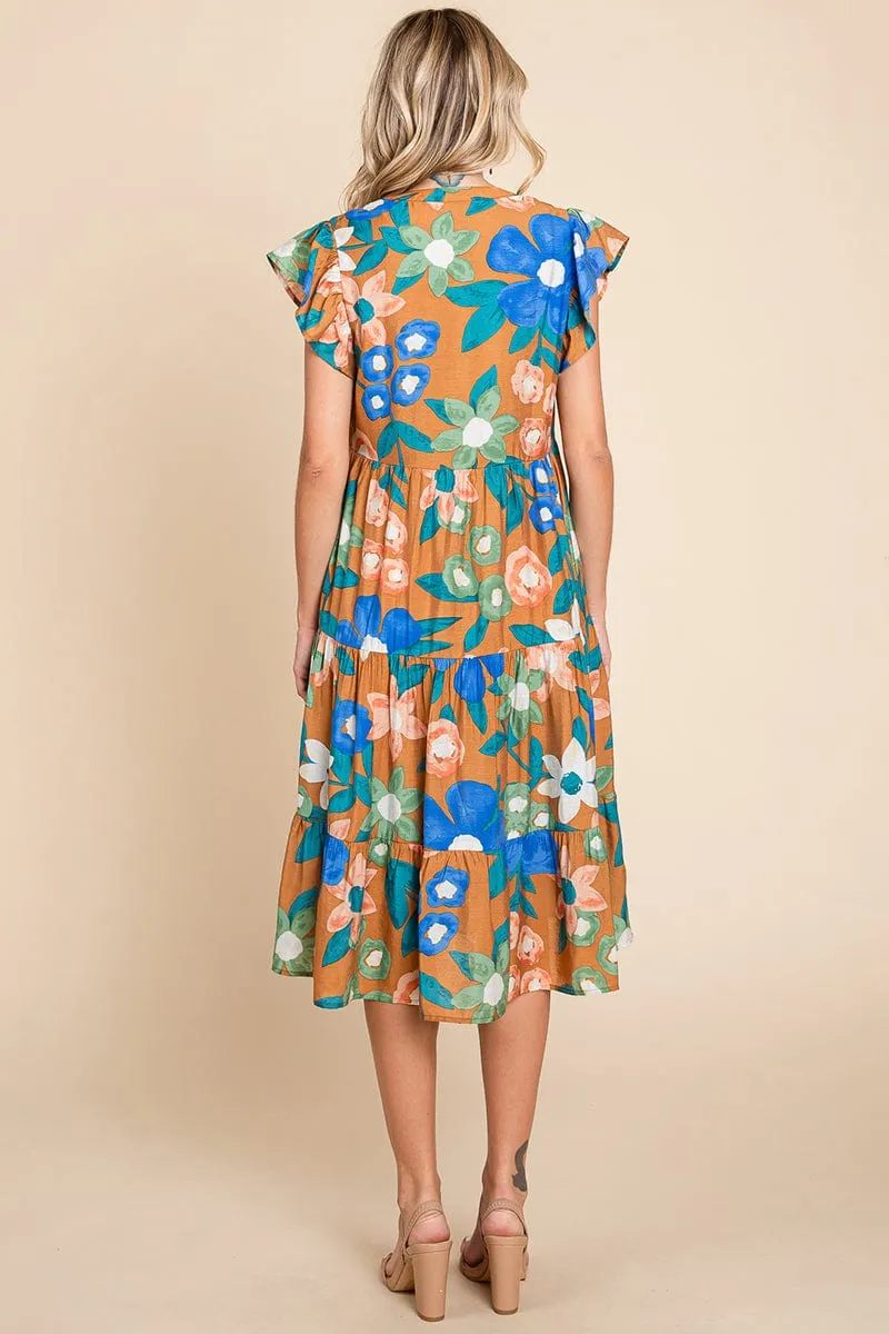 Floral V Neck Ruffle Tiered Midi Cotton Dress, S-3X