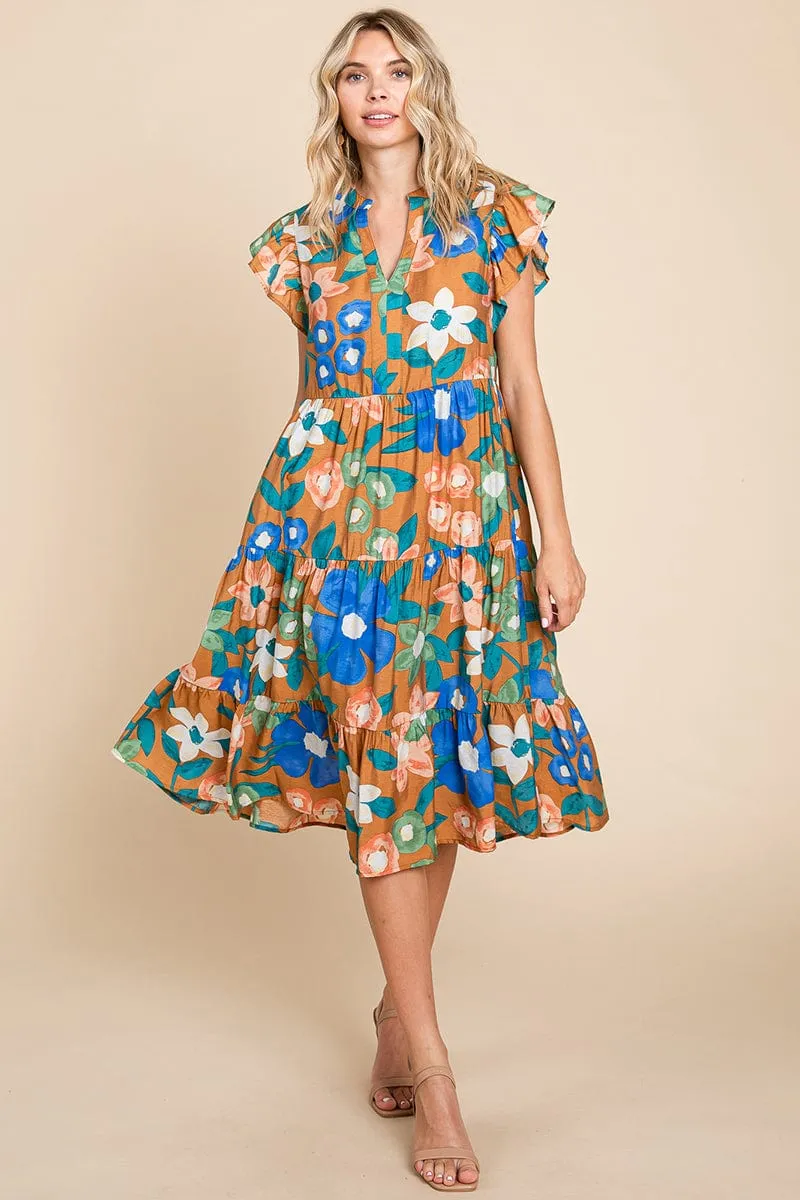 Floral V Neck Ruffle Tiered Midi Cotton Dress, S-3X