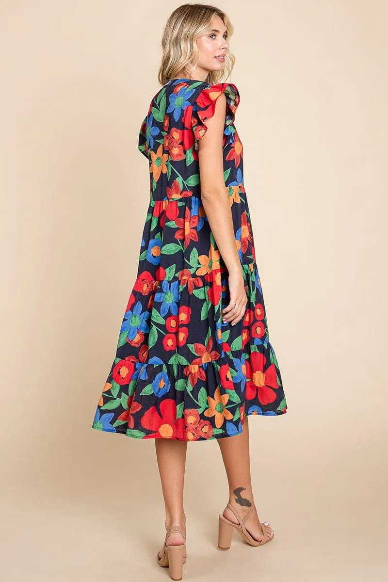 Floral V Neck Ruffle Tiered Midi Cotton Dress, S-3X