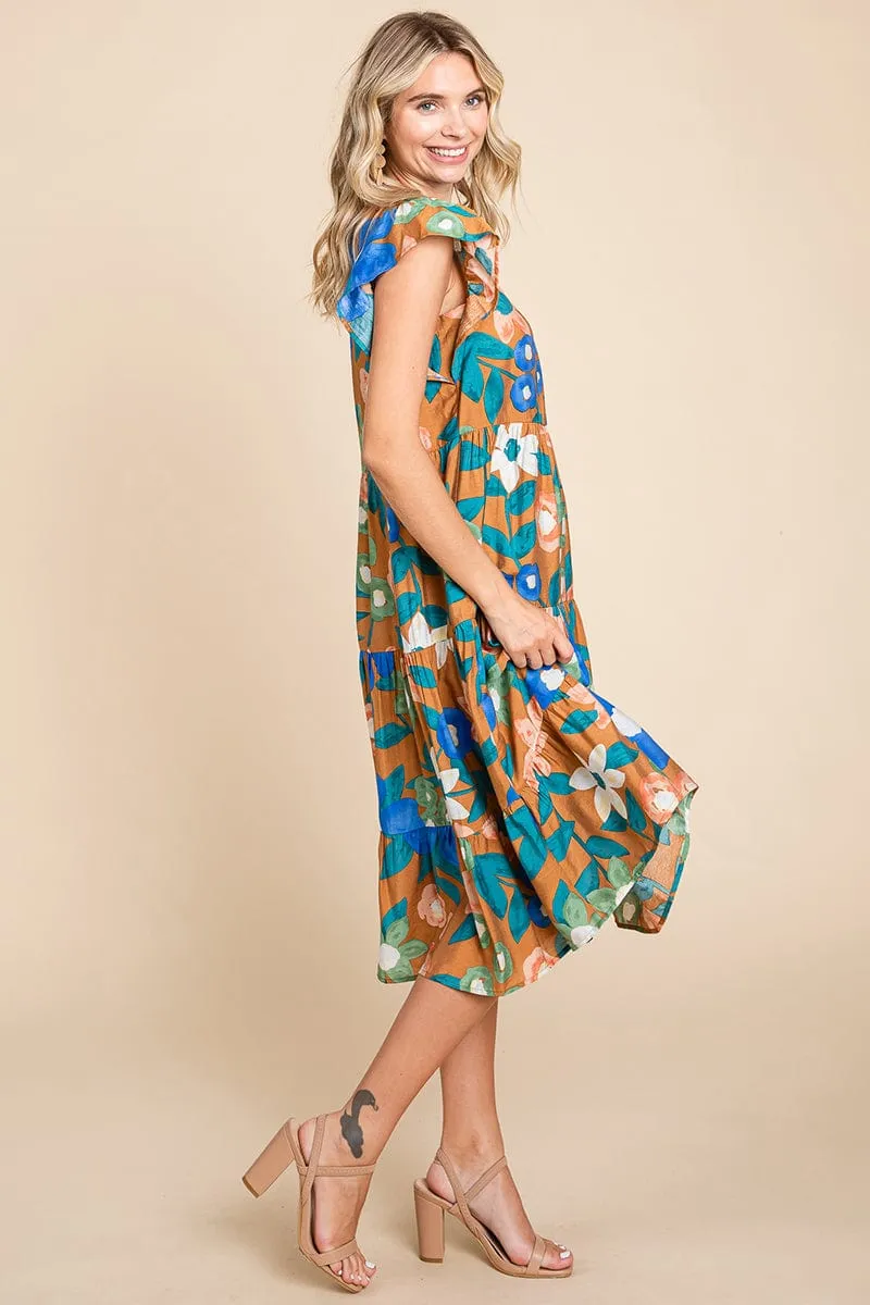 Floral V Neck Ruffle Tiered Midi Cotton Dress, S-3X