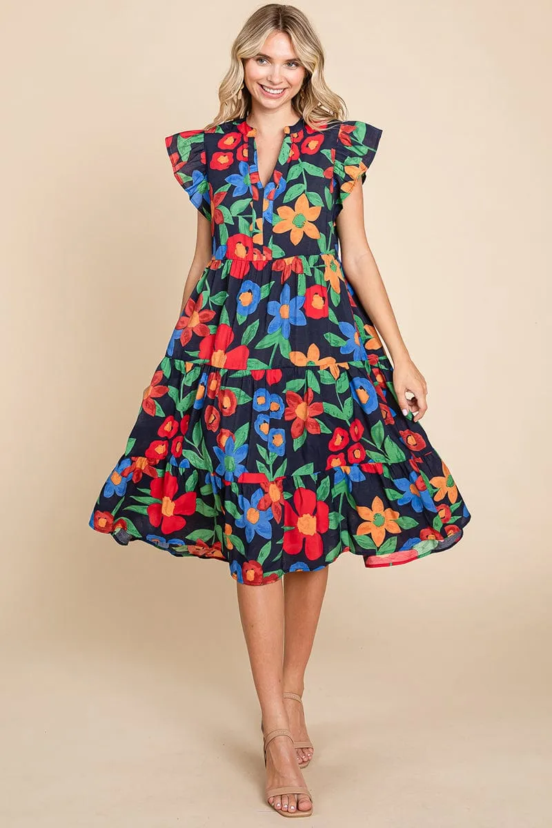 Floral V Neck Ruffle Tiered Midi Cotton Dress, S-3X