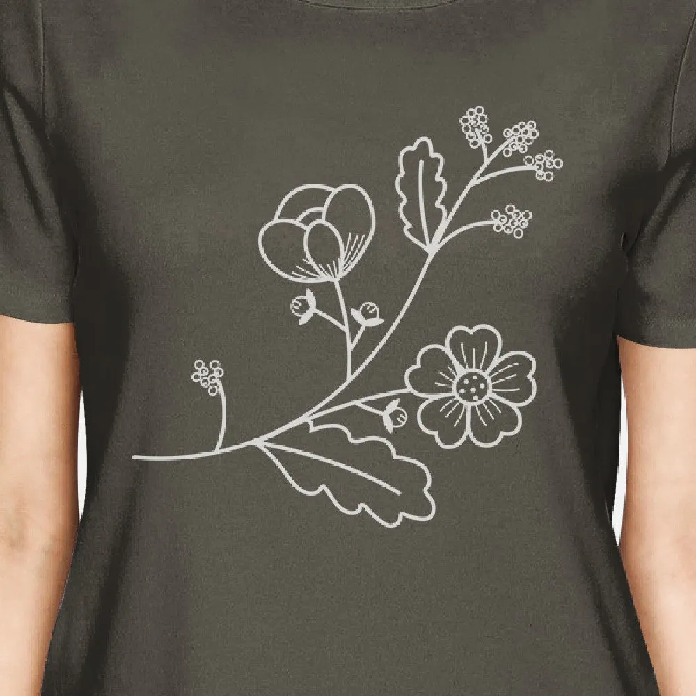 Flower Women's Dark Gray Short Sleeve Tee Round Neck Cute Design