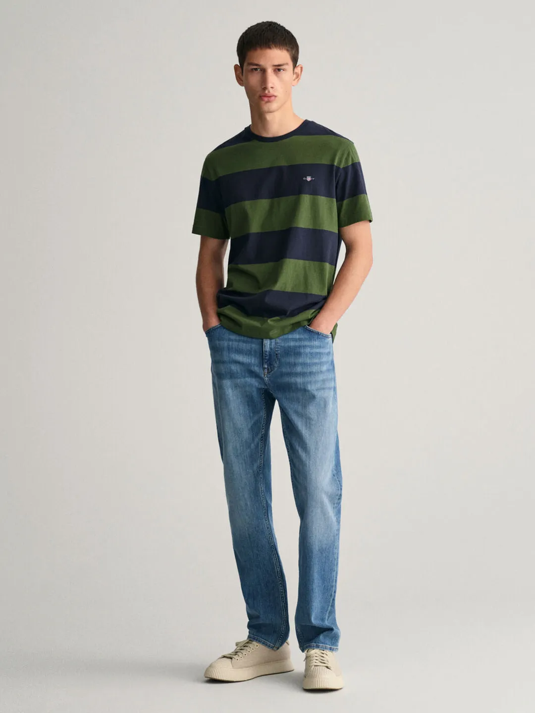 Gant Men Green Striped Round Neck Regular fit Short Sleeves T-shirt