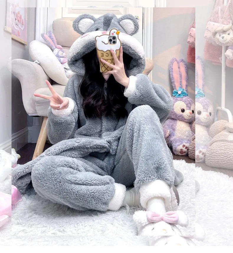 Gray Hamster Thick Plush Fleece Winter Pajamas Hooded Bathrobe & Pants