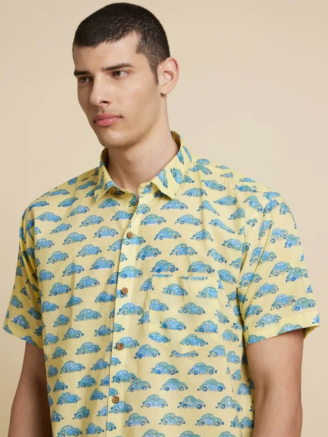 Green and Blue Car Handblock Printed Shirt