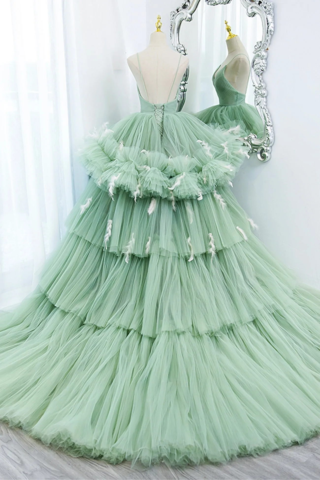 Green V-Neck Layers Tulle Long Ball Gown, A-Line Formal Gown