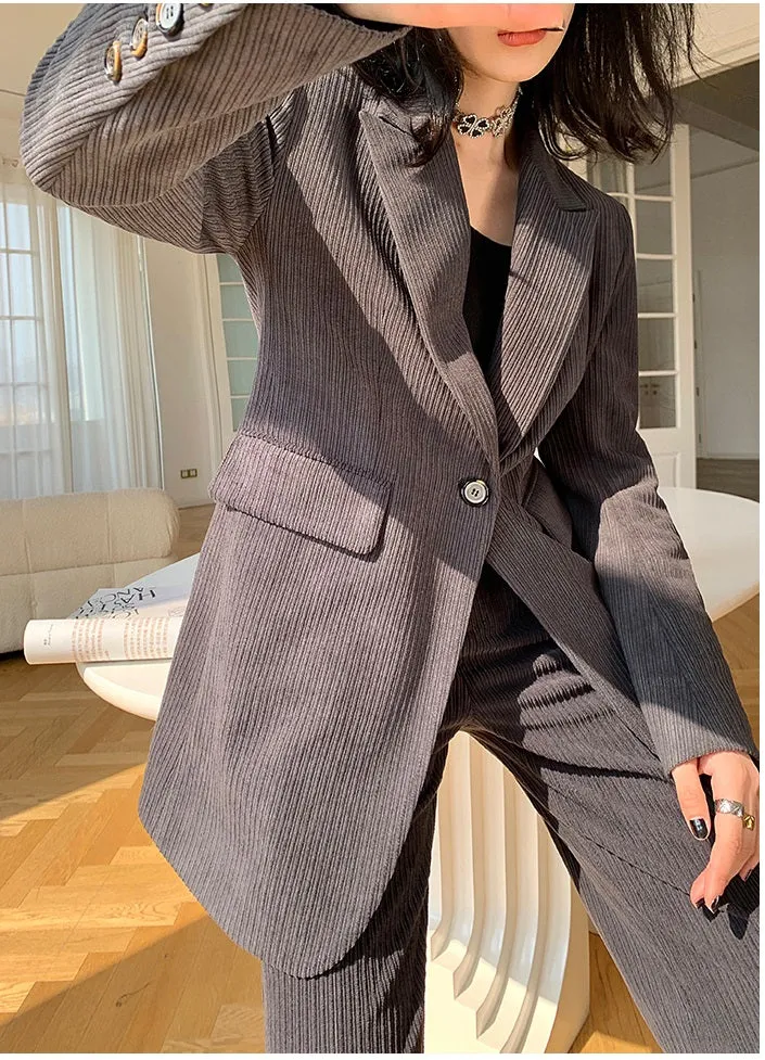 Green WANXO retro corduroy two-piece suit new suit jacket high waist casual wide leg pants- Orfara