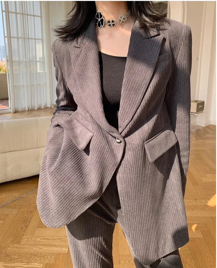 Green WANXO retro corduroy two-piece suit new suit jacket high waist casual wide leg pants- Orfara