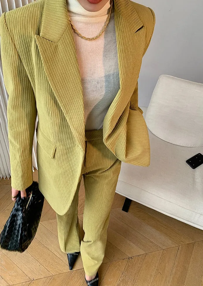 Green WANXO retro corduroy two-piece suit new suit jacket high waist casual wide leg pants- Orfara