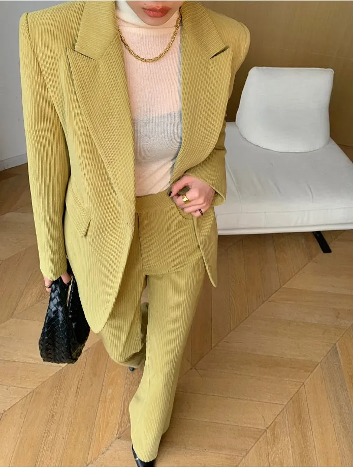 Green WANXO retro corduroy two-piece suit new suit jacket high waist casual wide leg pants- Orfara