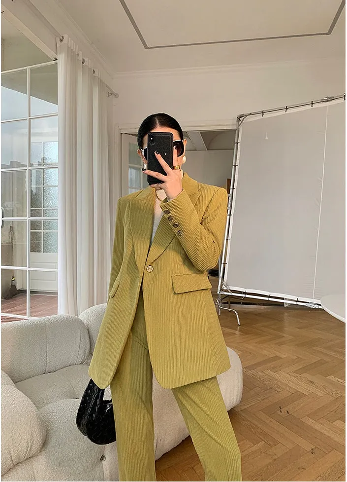 Green WANXO retro corduroy two-piece suit new suit jacket high waist casual wide leg pants- Orfara