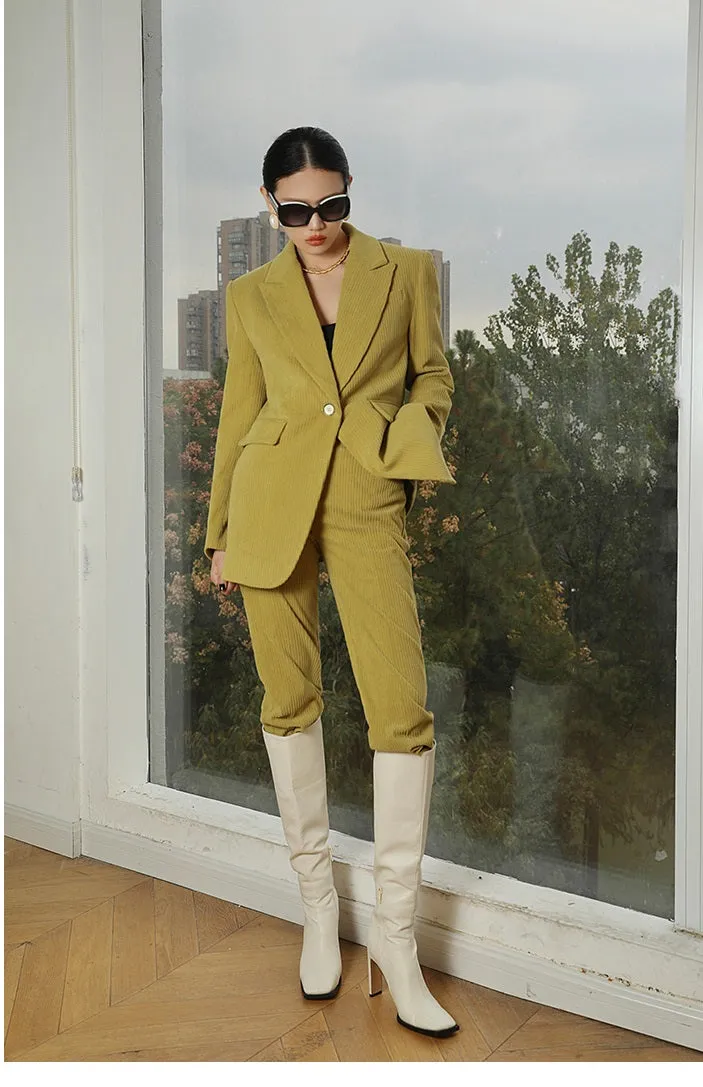 Green WANXO retro corduroy two-piece suit new suit jacket high waist casual wide leg pants- Orfara