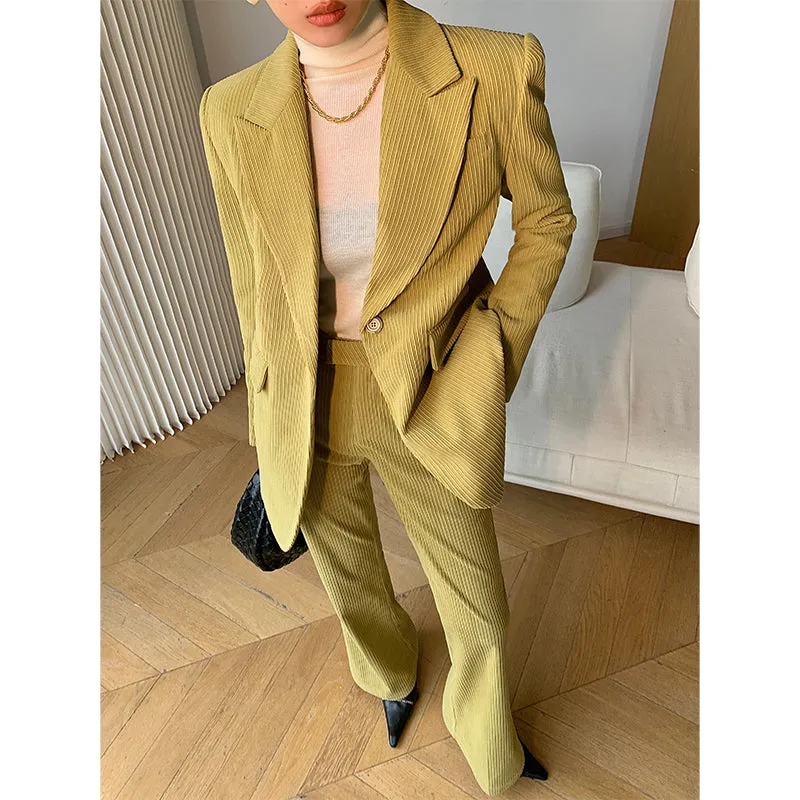 Green WANXO retro corduroy two-piece suit new suit jacket high waist casual wide leg pants- Orfara