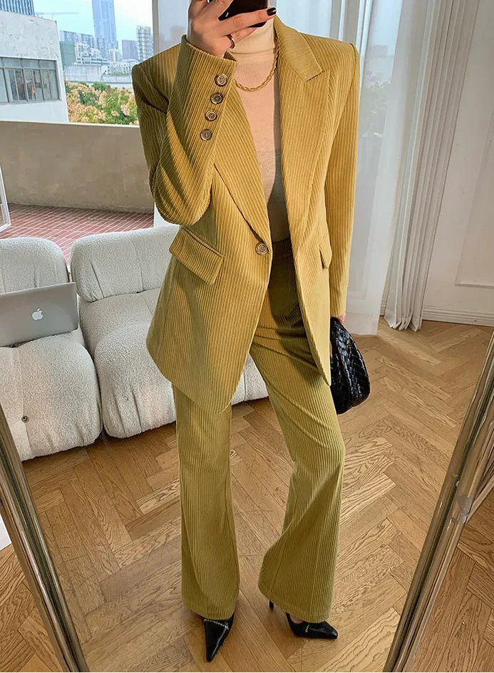 Green WANXO retro corduroy two-piece suit new suit jacket high waist casual wide leg pants- Orfara