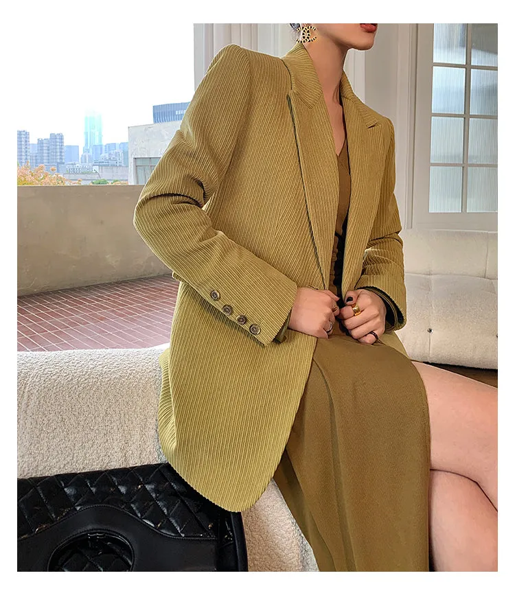 Green WANXO retro corduroy two-piece suit new suit jacket high waist casual wide leg pants- Orfara