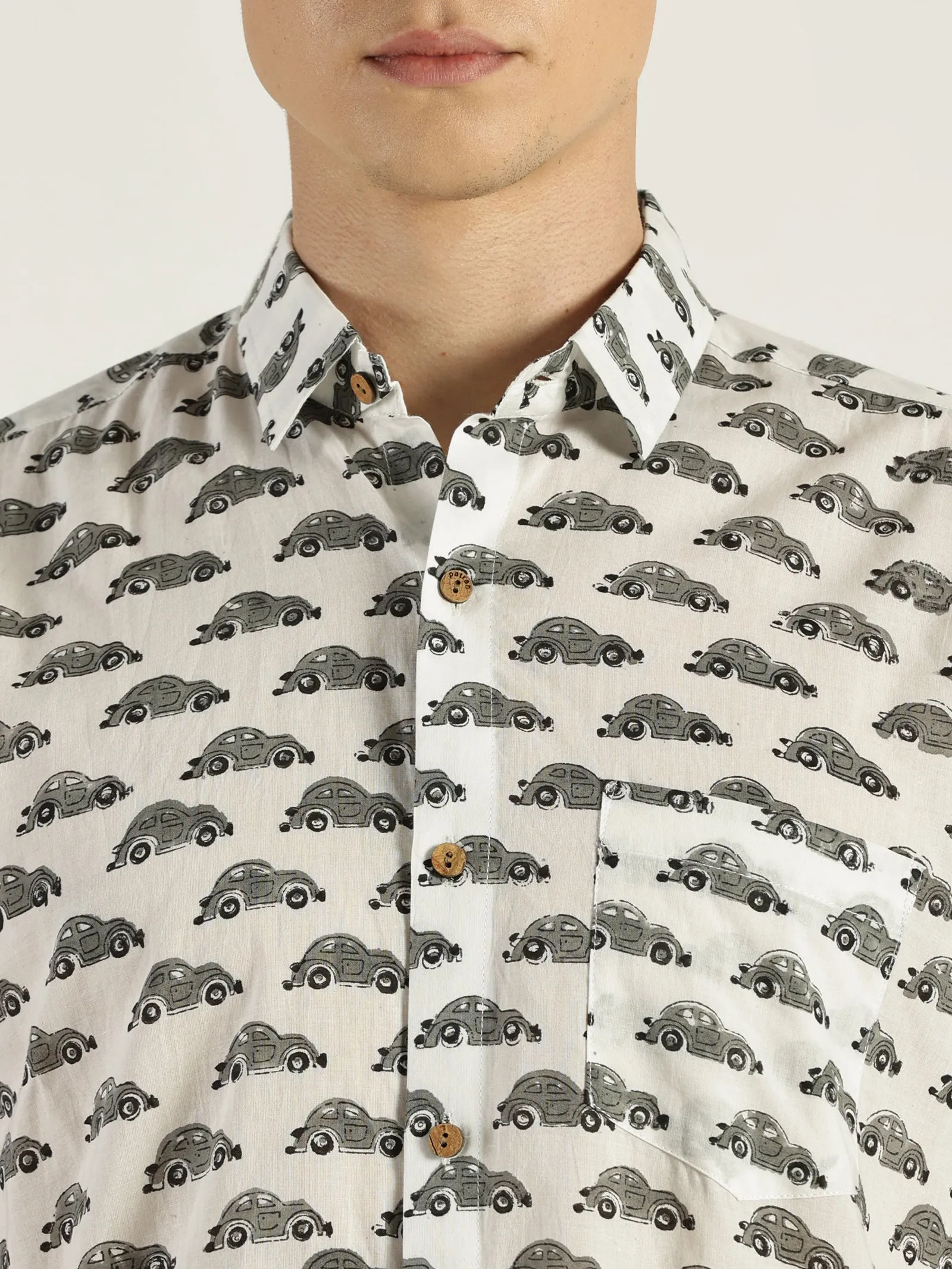 Grey Car Block Printed Halfsleeves Cotton Shirt