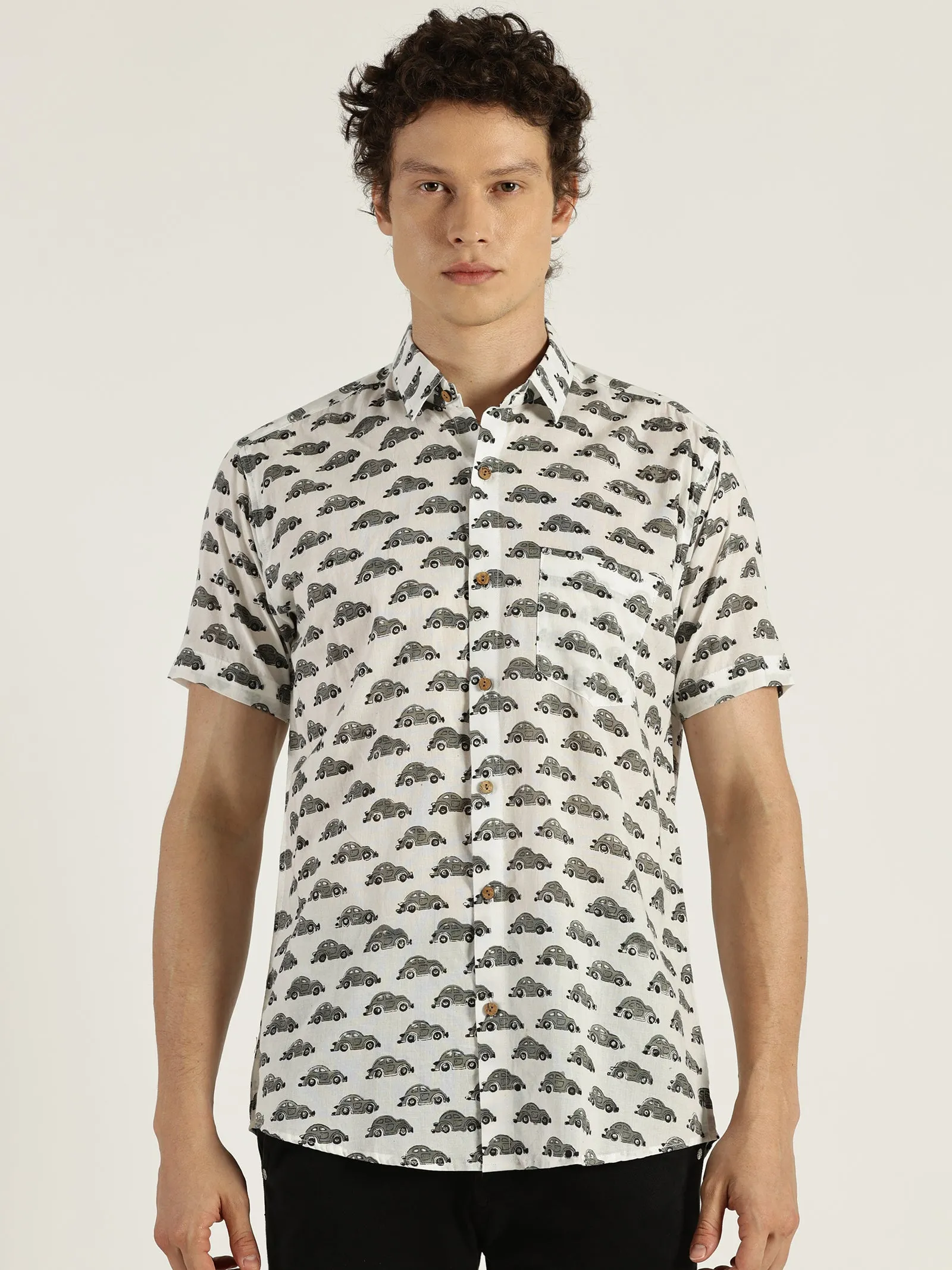 Grey Car Block Printed Halfsleeves Cotton Shirt