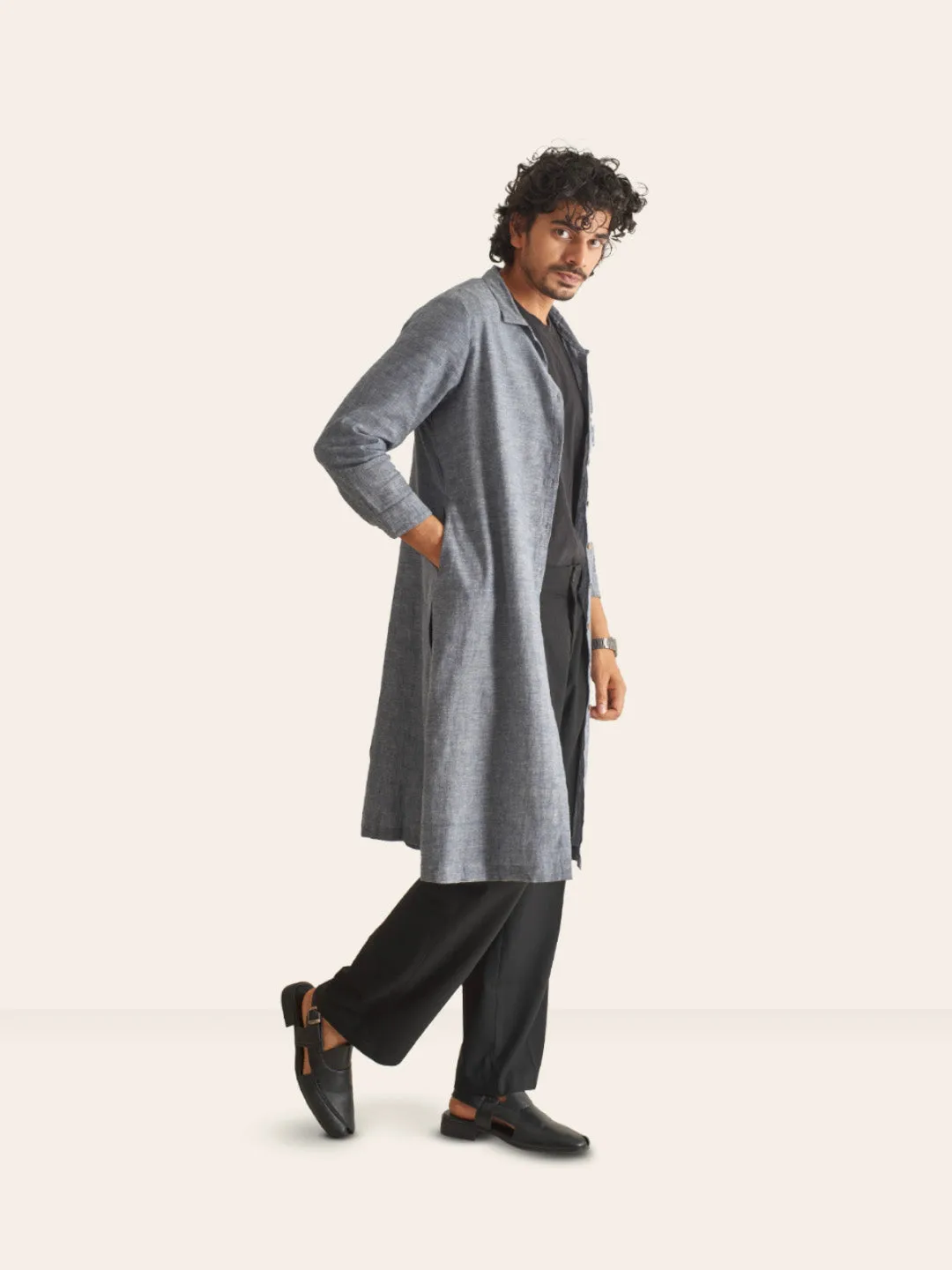 Grey Handwoven Overlay Kurta Shirt