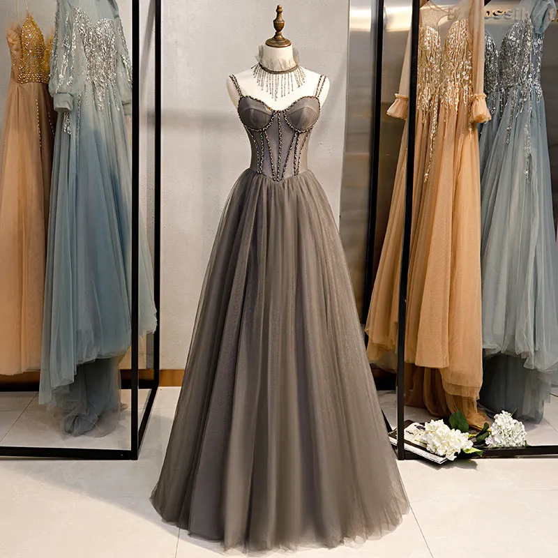 Grey Sweetheart Beaded Straps Long Tulle Prom Dress, Grey A-line Formal Dress Evening Dress