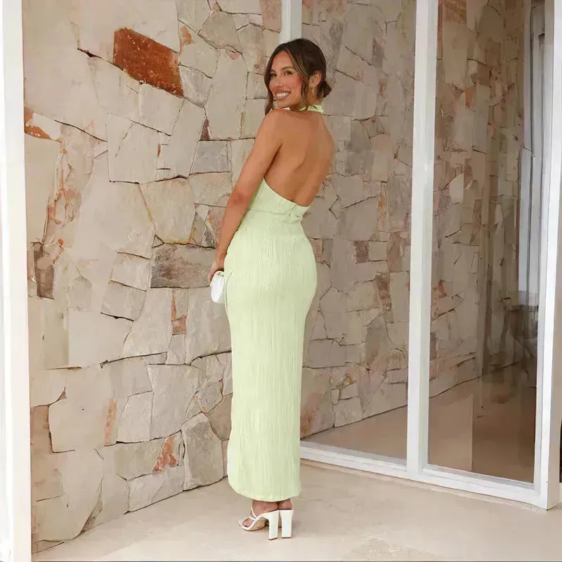 Halter Neck Split Long Dress Summer Slim Fit Backless Dresses Solid Split High neck Long Bodycon  Dress Women's Clothing