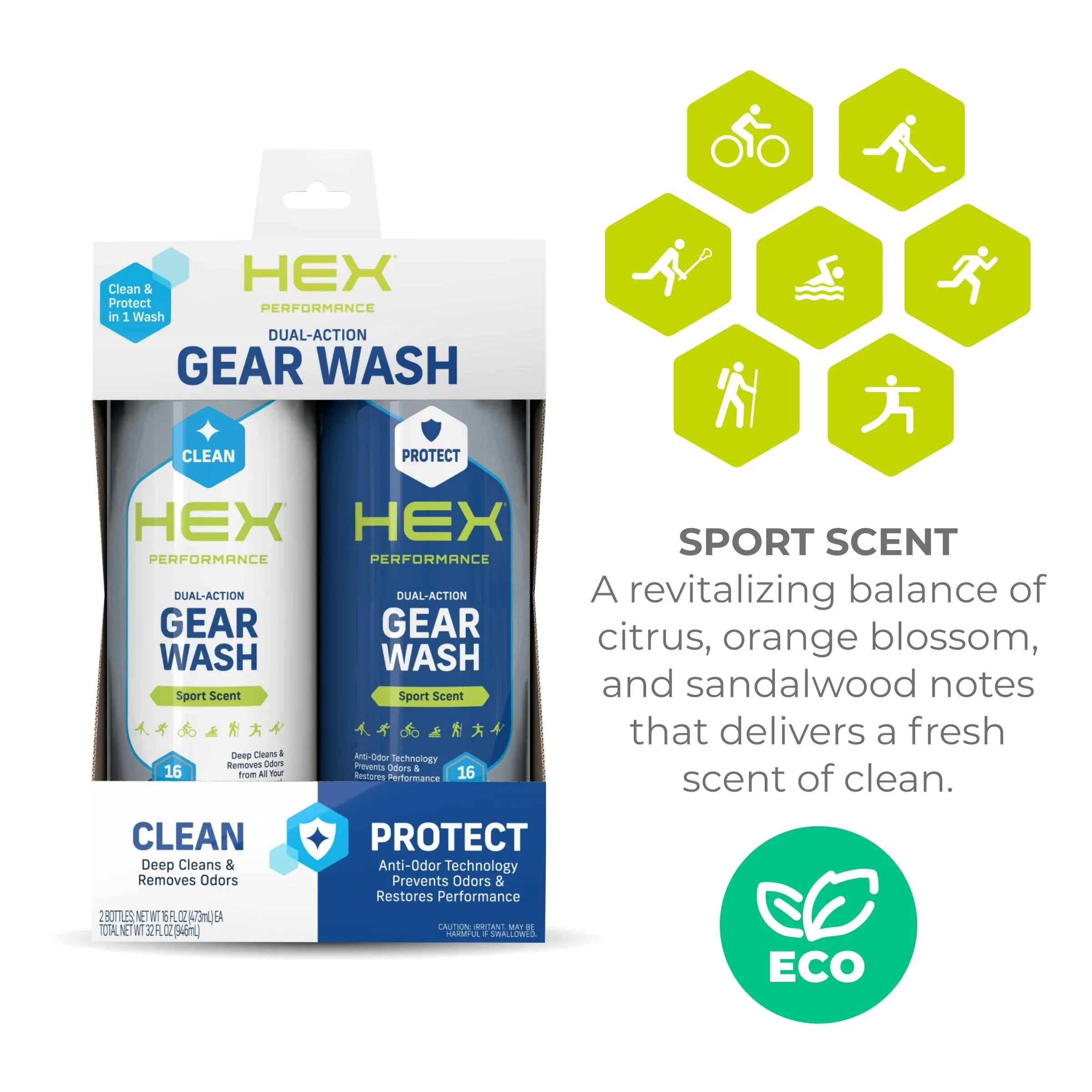 HEX Performance Dual-Action Gear Wash Kit (16oz) Sport Scent