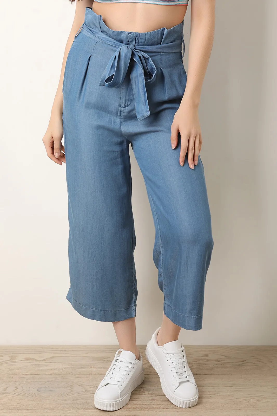 High Rise Chambray Waist Sash Wide Leg Capri Pants