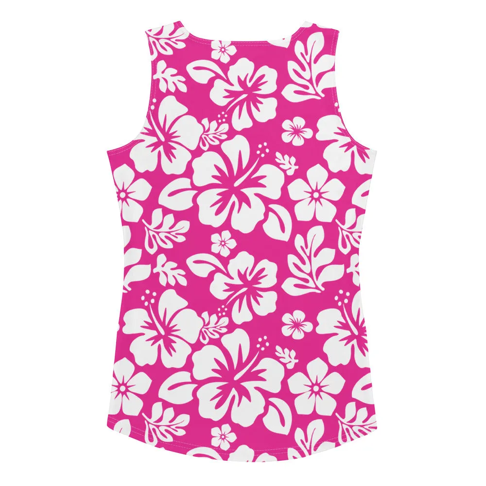 Hot Pink and White Hawaiian Flowers Women's Athletic Swim Tank Top