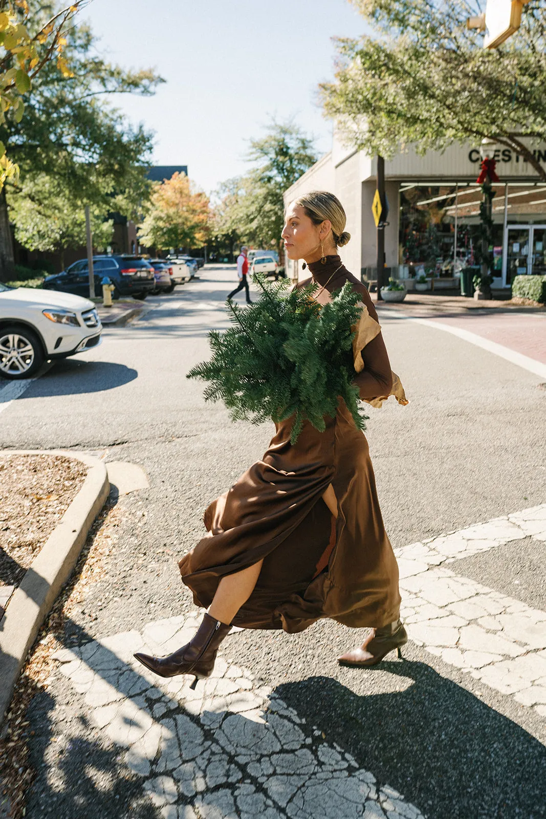 Jacquelyn Silk Dress in Chocolate Brown by Miguelina (HerStory Exclusive)