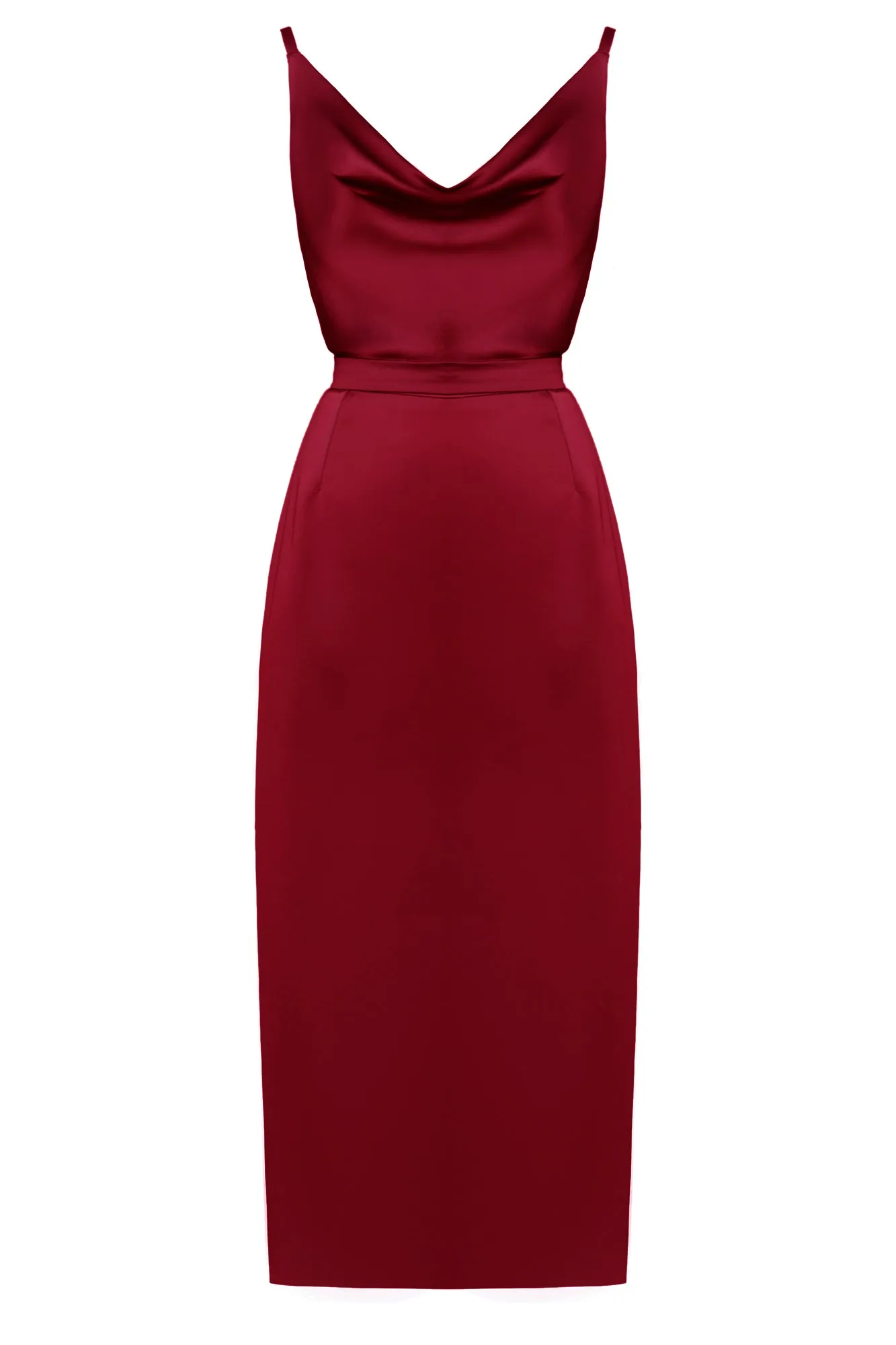 KAMEA Red Satin Cocktail Midi Dress