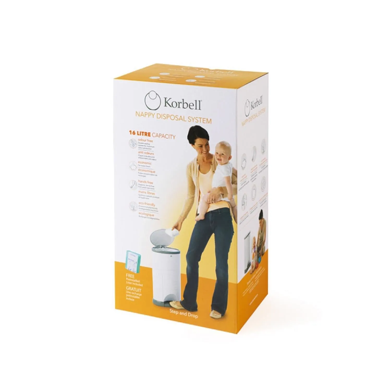 Korbell Nappy Disposal Bin System 16L Capacity Container Korbell 16L and refills   exchangeable foil insert for approx. 240 diapers in a set.