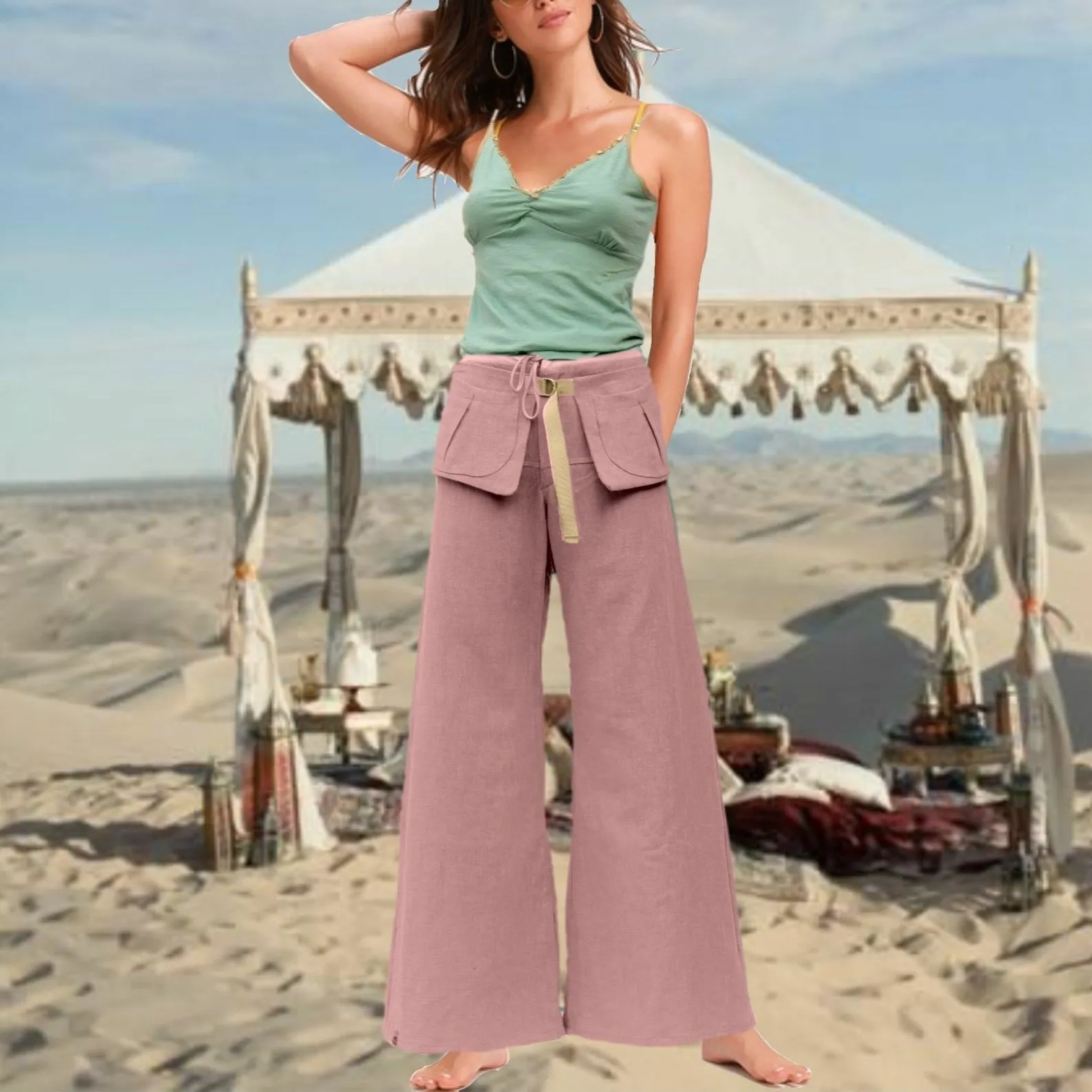 Linnen broek "flared leg" met losse heupband, Linen pants flared leg with separate belt