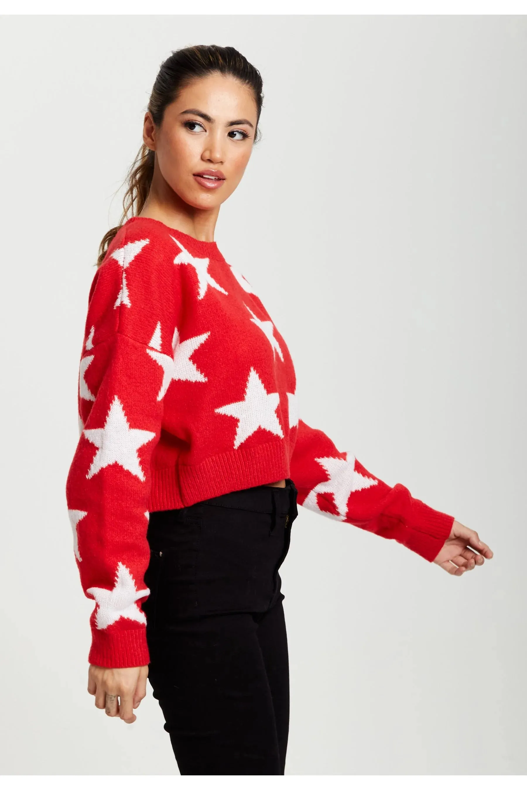 Liquorish Star Pattern Jumper In Red