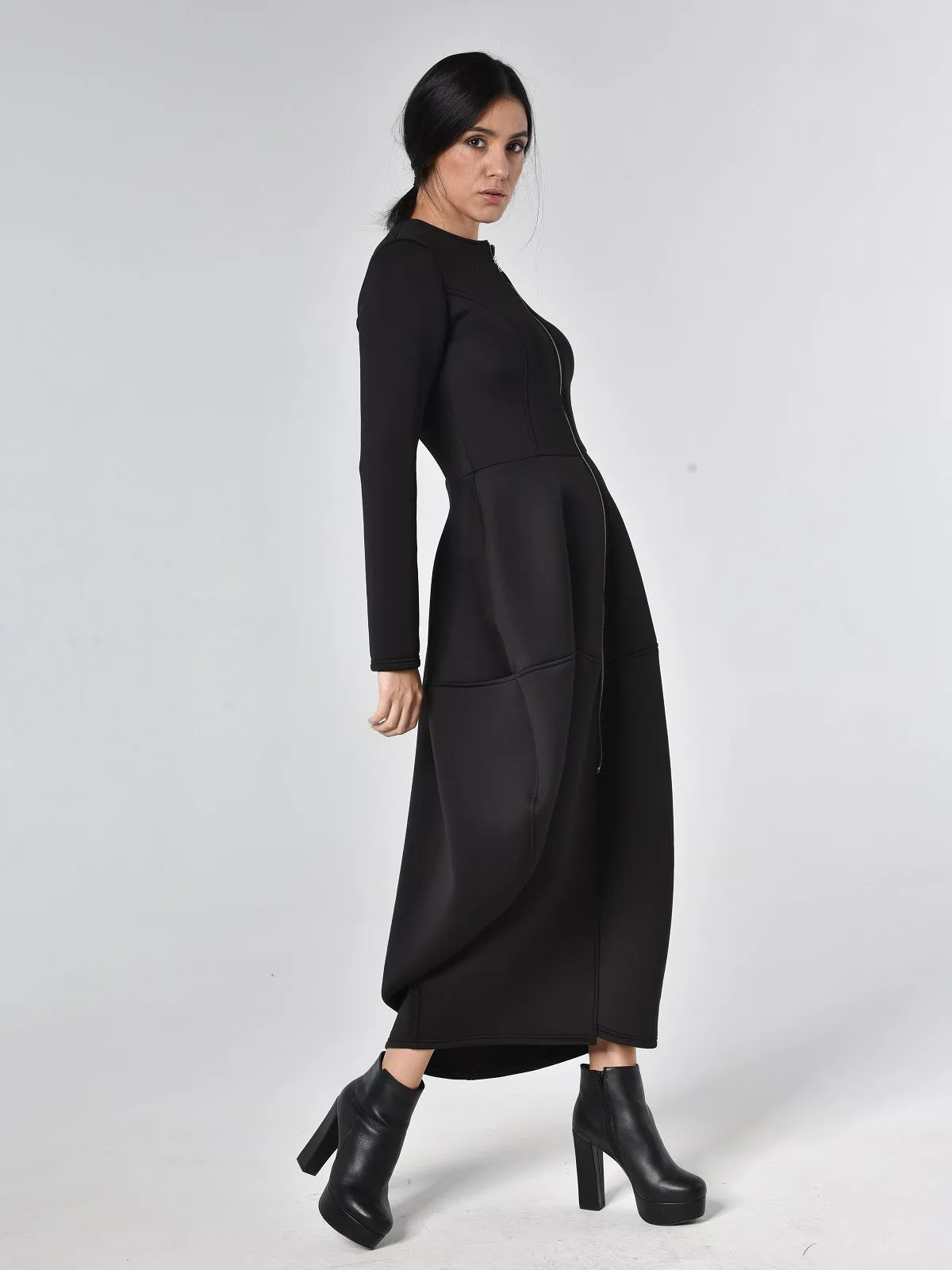 Long Zipper Neoprene Dress In Black