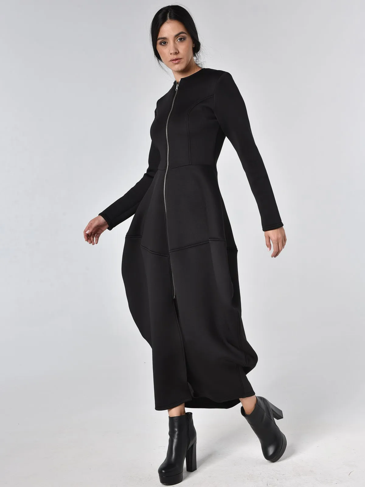 Long Zipper Neoprene Dress In Black