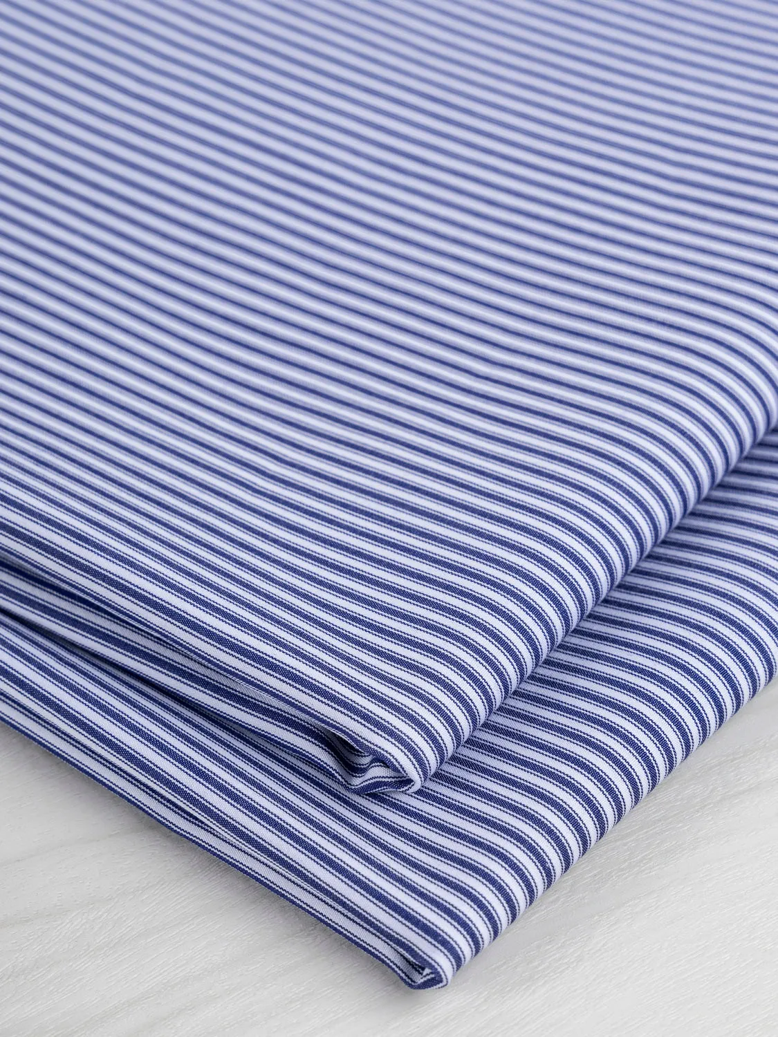 Luxe Pinstriped Cotton Poplin Shirting - Navy Blue   White - Swatch