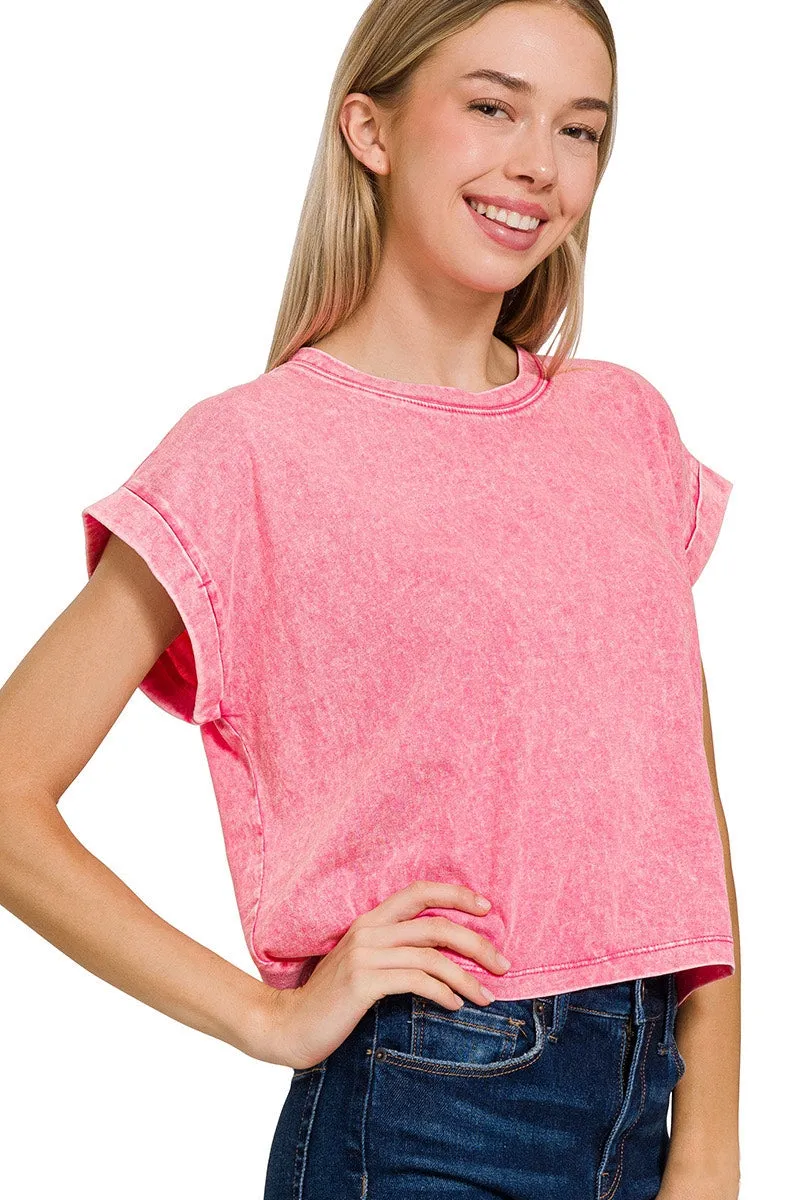 Malibu Washed Cotton Cuffed Short Sleeve Top - Coral Pink