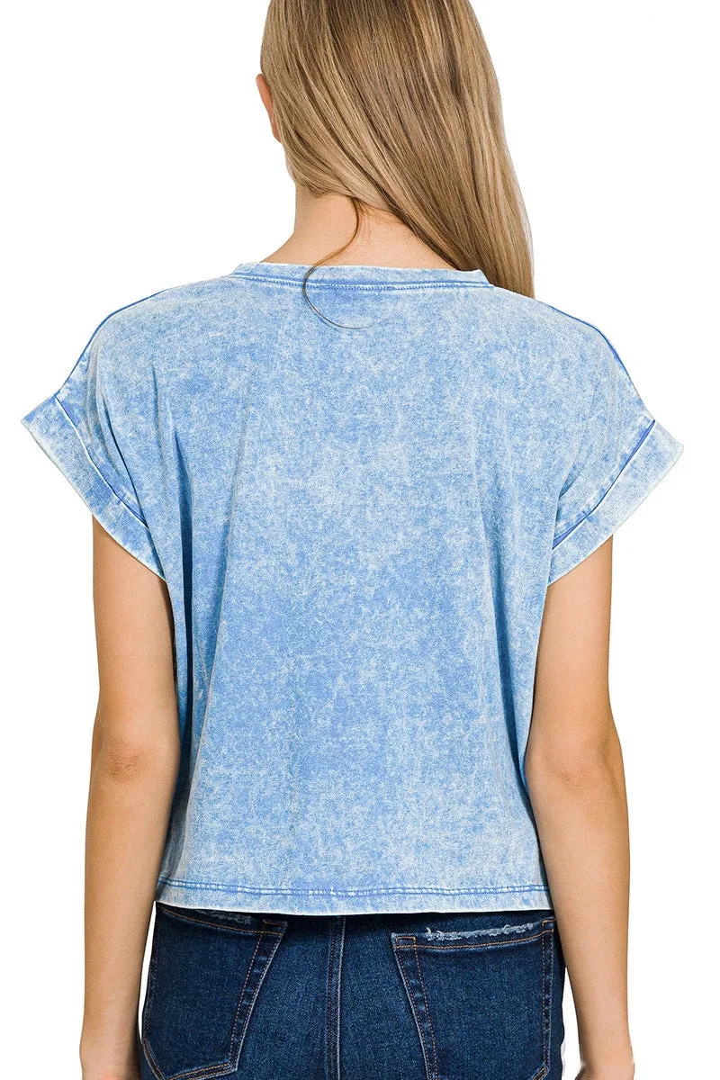 Malibu Washed Cotton Cuffed Short Sleeve Top - Ocean Blue