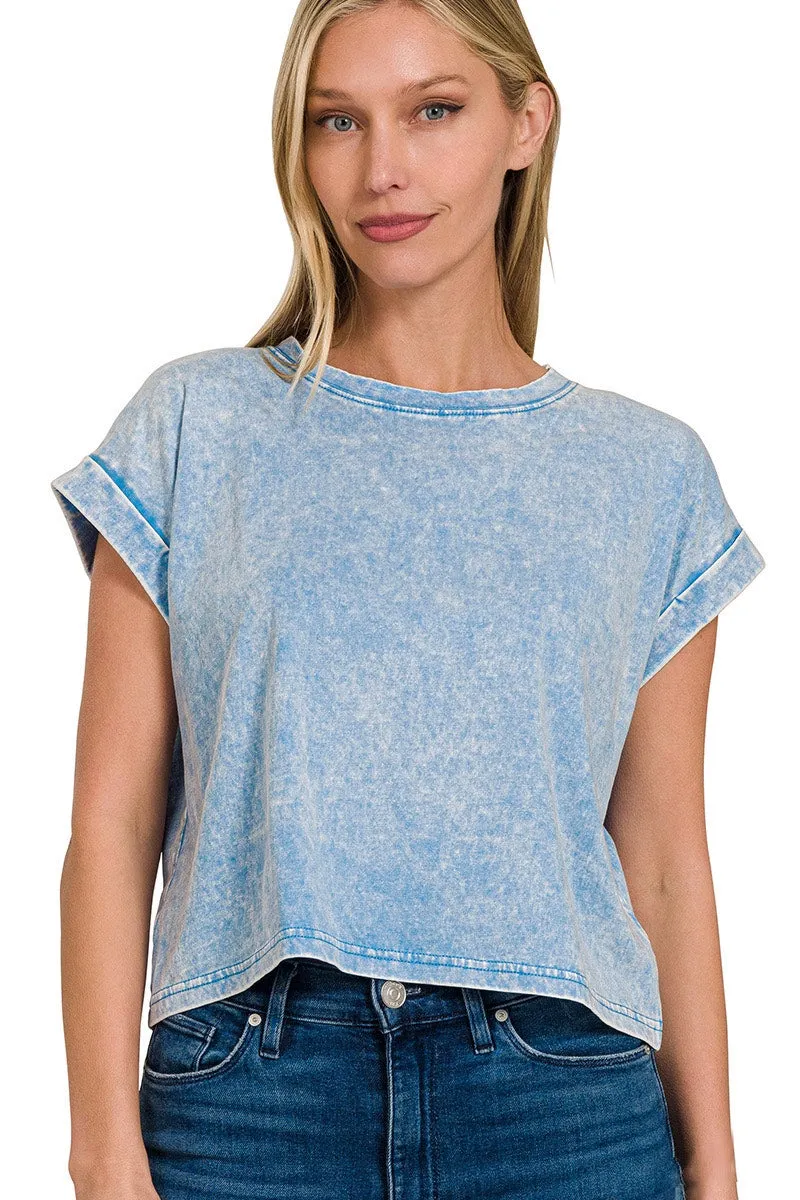 Malibu Washed Cotton Cuffed Short Sleeve Top - Ocean Blue