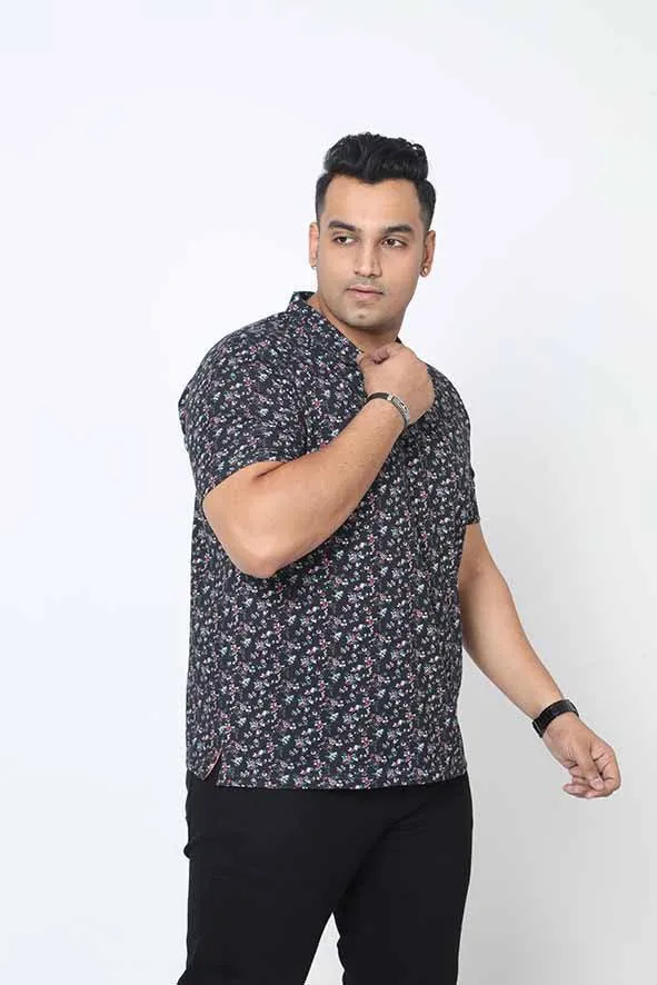 Men Plus Size Black Floral Printed Polo Collar T-shirt